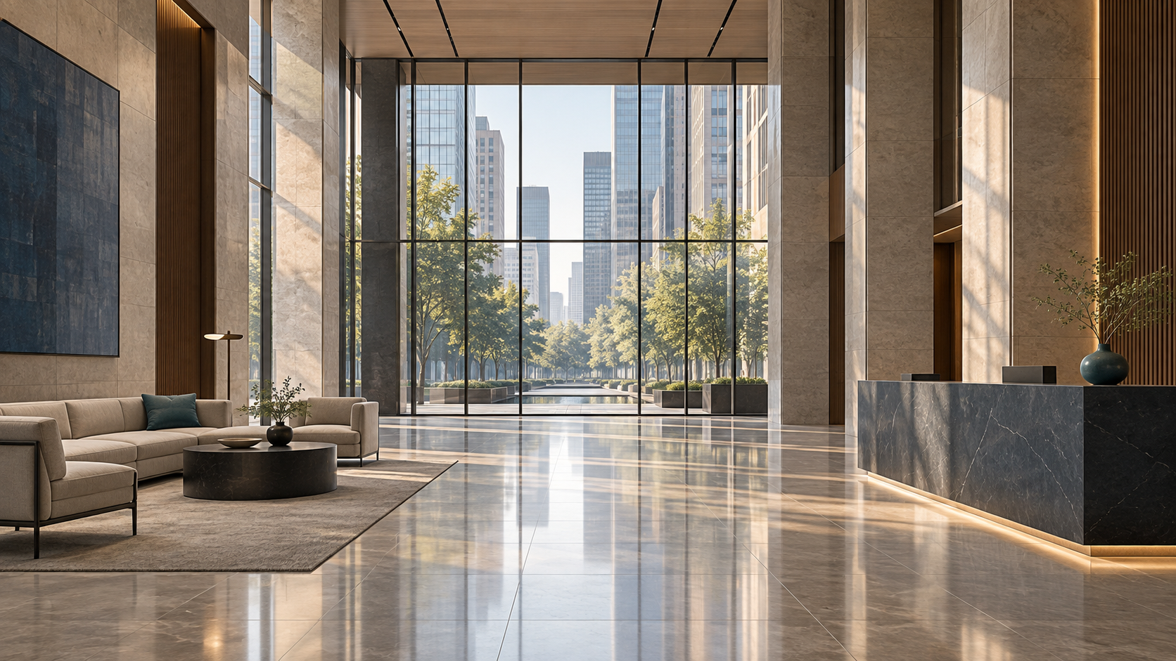 Quiet professional lobby with daylight and city views