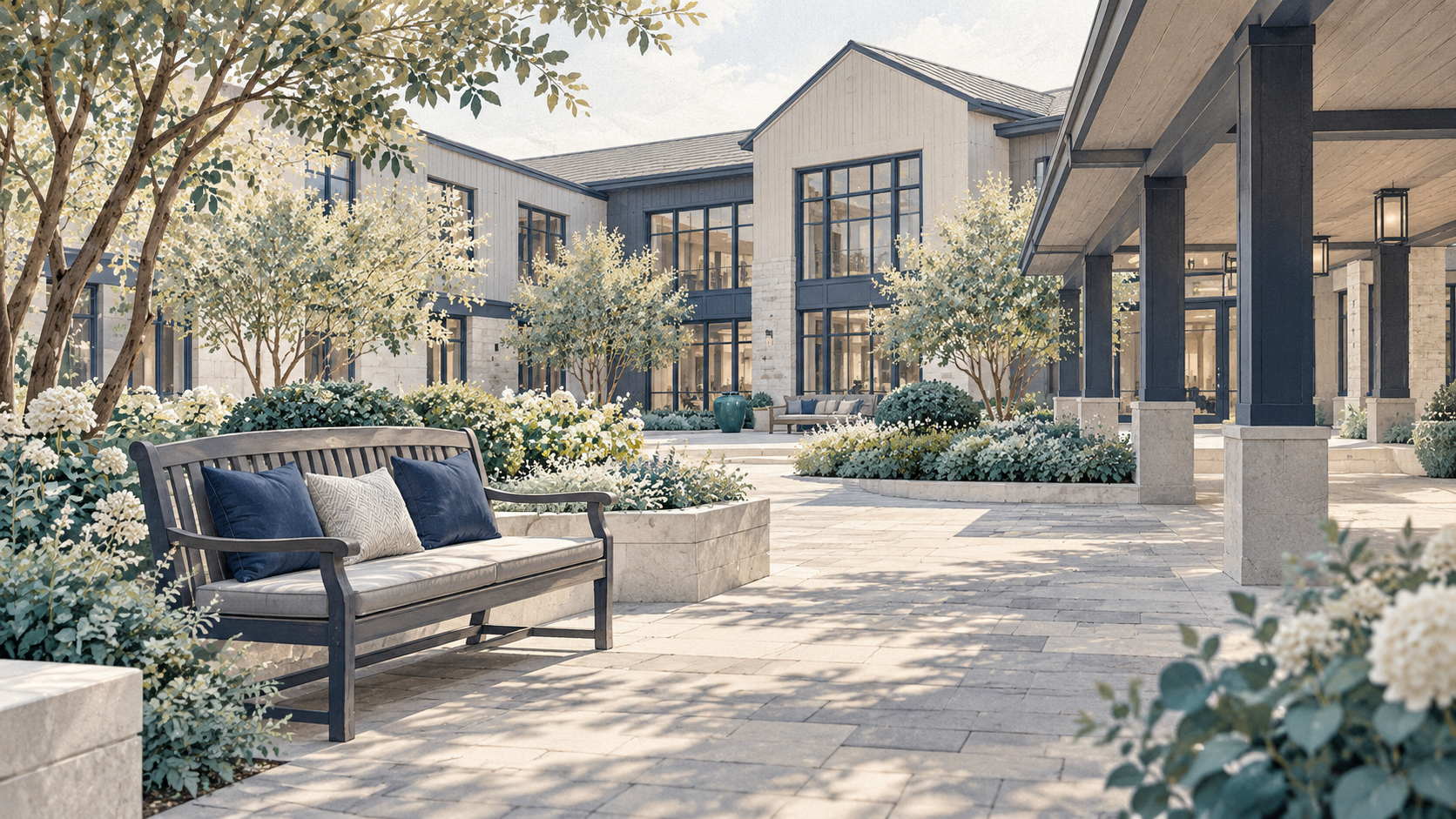 Peaceful courtyard at a senior living community